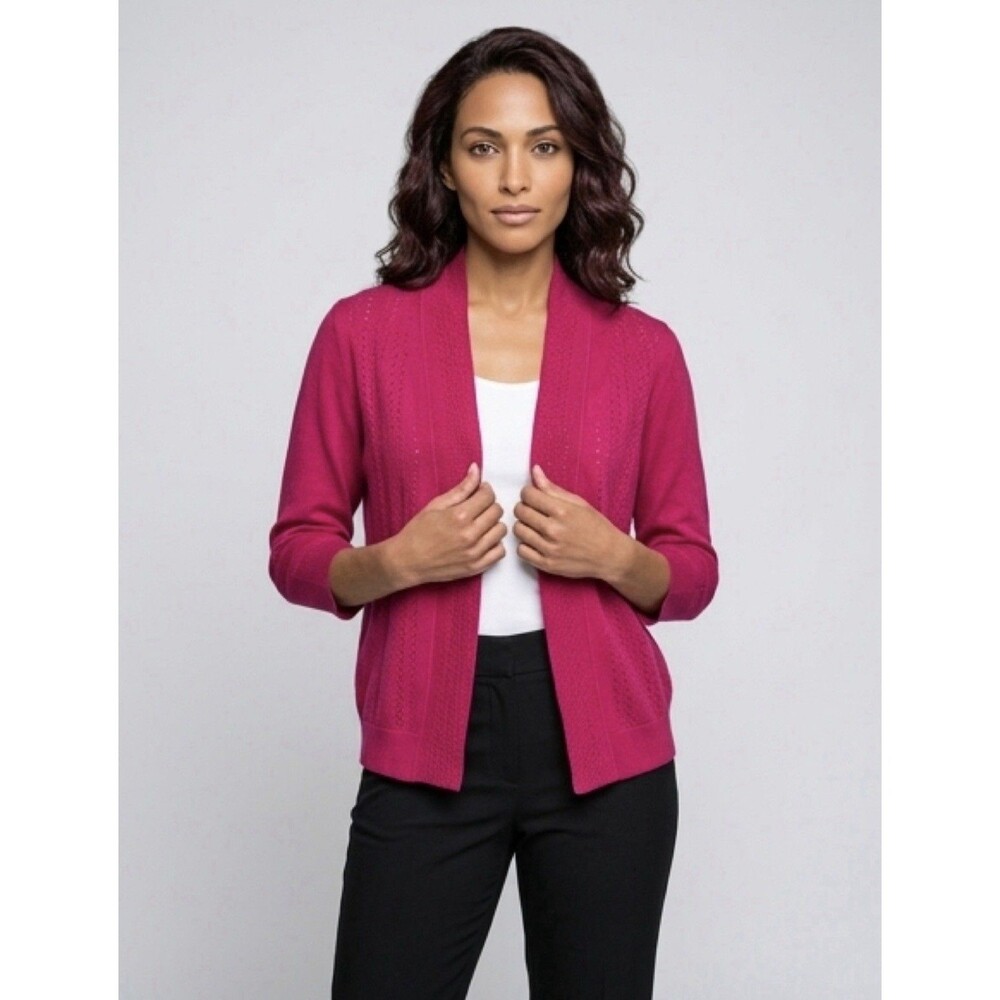 NWT Belldini Azalea Pink Pointelle‎ Open Front Cardigan Sweater M 3/4 Sleeve